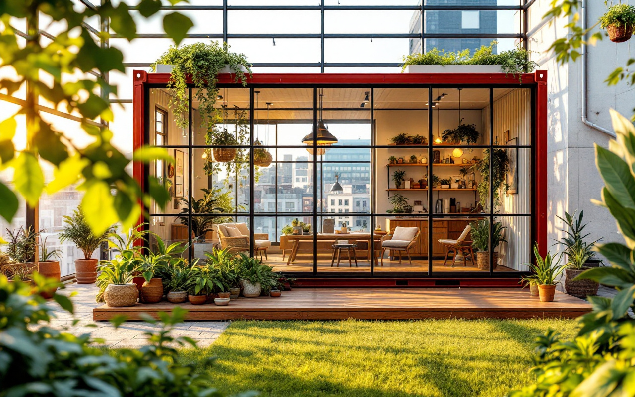 Un espace de travail créatif aménagé dans un conteneur maritime, avec un design moderne, des meubles en bois, de grandes fenêtres laissant passer une luminosité naturelle, et décoré de plantes vertes, le tout dans un paysage urbain vibrant.