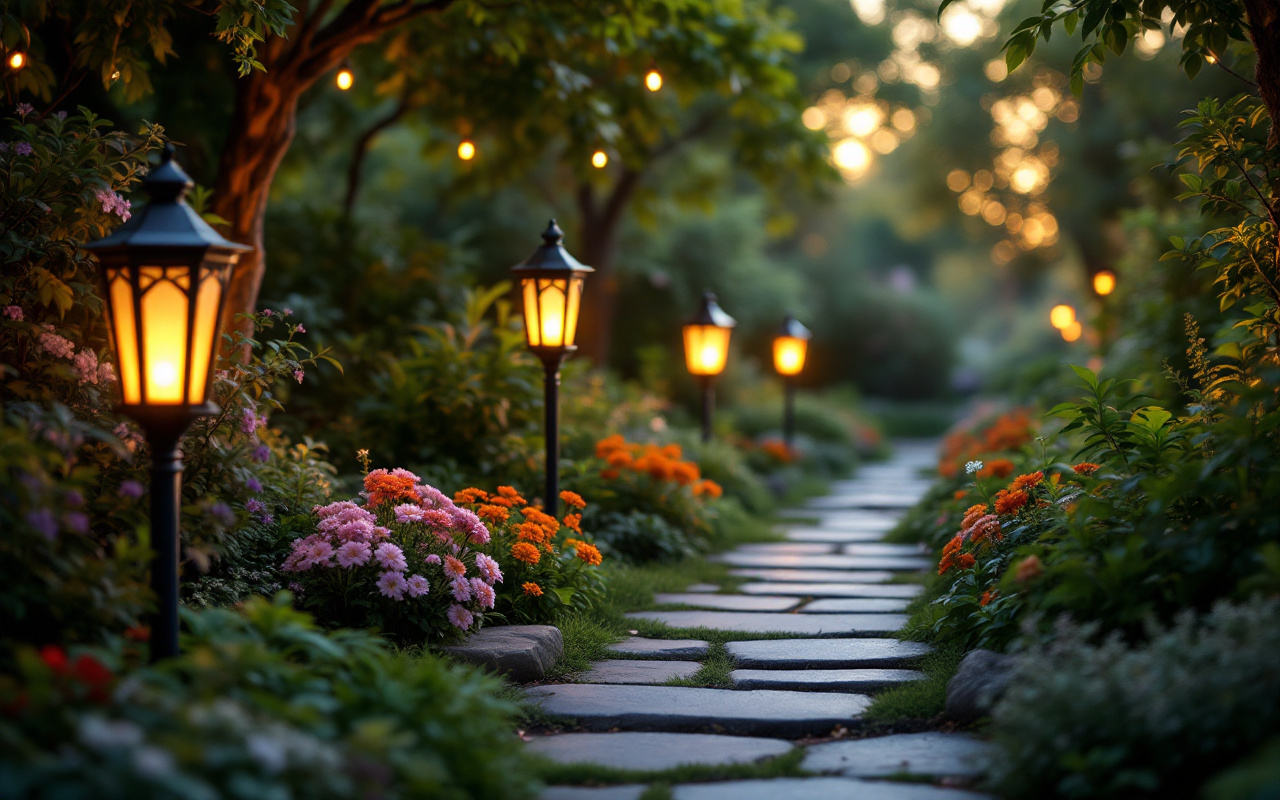 Une ambiance de jardin élégante illuminée par des lanternes solaires, entourée de verdure luxuriante et baignée dans une lumière dorée douce, créant une atmosphère paisible et magique au crépuscule.
