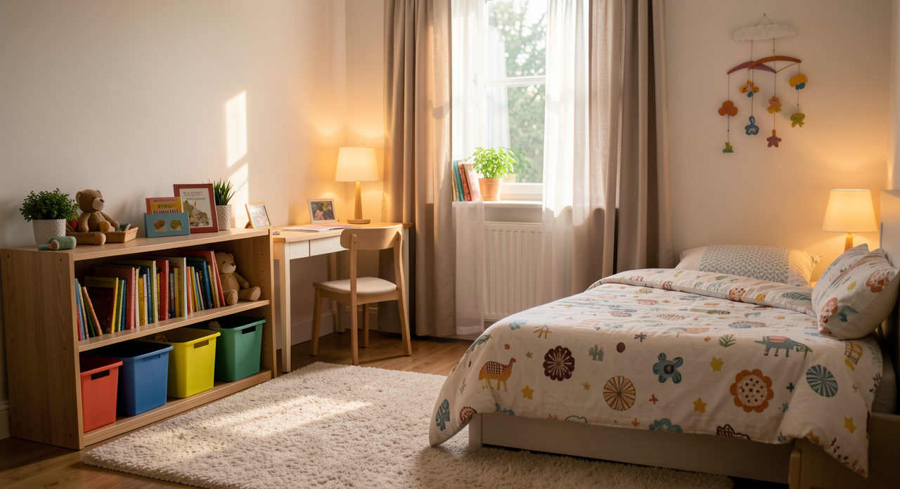 Chambre d’enfant chaleureuse et confortable, avec tapis doux, rangements, bureau adapté, lit douillet, lampe de nuit et rideaux, éclairage naturel de fin d’après-midi.
