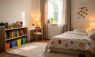 Chambre d’enfant chaleureuse et confortable, avec tapis doux, rangements, bureau adapté, lit douillet, lampe de nuit et rideaux, éclairage naturel de fin d’après-midi.