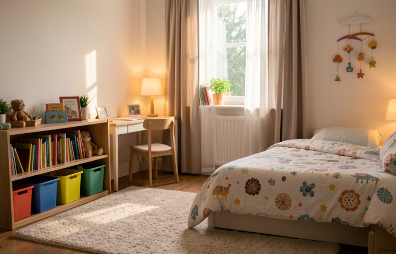 Chambre d’enfant chaleureuse et confortable, avec tapis doux, rangements, bureau adapté, lit douillet, lampe de nuit et rideaux, éclairage naturel de fin d’après-midi.