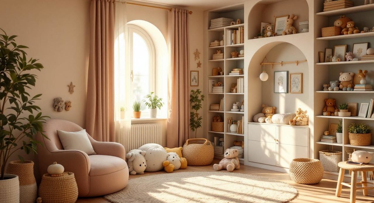 Chambre d’enfant lumineuse et évolutive, avec mobilier doux et arrondis, rangements pratiques intégrés, jouets et livres bien organisés, ambiance chaleureuse et harmonieuse, lumière naturelle et tons pastel.