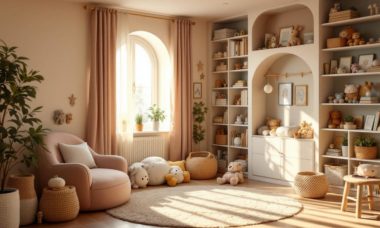 Chambre d’enfant lumineuse et évolutive, avec mobilier doux et arrondis, rangements pratiques intégrés, jouets et livres bien organisés, ambiance chaleureuse et harmonieuse, lumière naturelle et tons pastel.