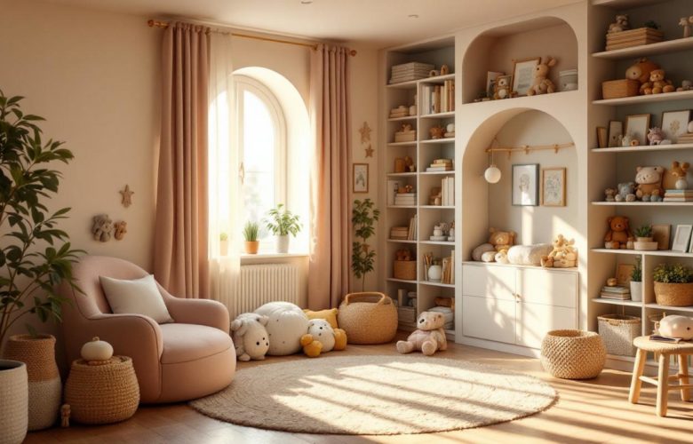 Chambre d’enfant lumineuse et évolutive, avec mobilier doux et arrondis, rangements pratiques intégrés, jouets et livres bien organisés, ambiance chaleureuse et harmonieuse, lumière naturelle et tons pastel.