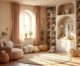 Chambre d’enfant lumineuse et évolutive, avec mobilier doux et arrondis, rangements pratiques intégrés, jouets et livres bien organisés, ambiance chaleureuse et harmonieuse, lumière naturelle et tons pastel.