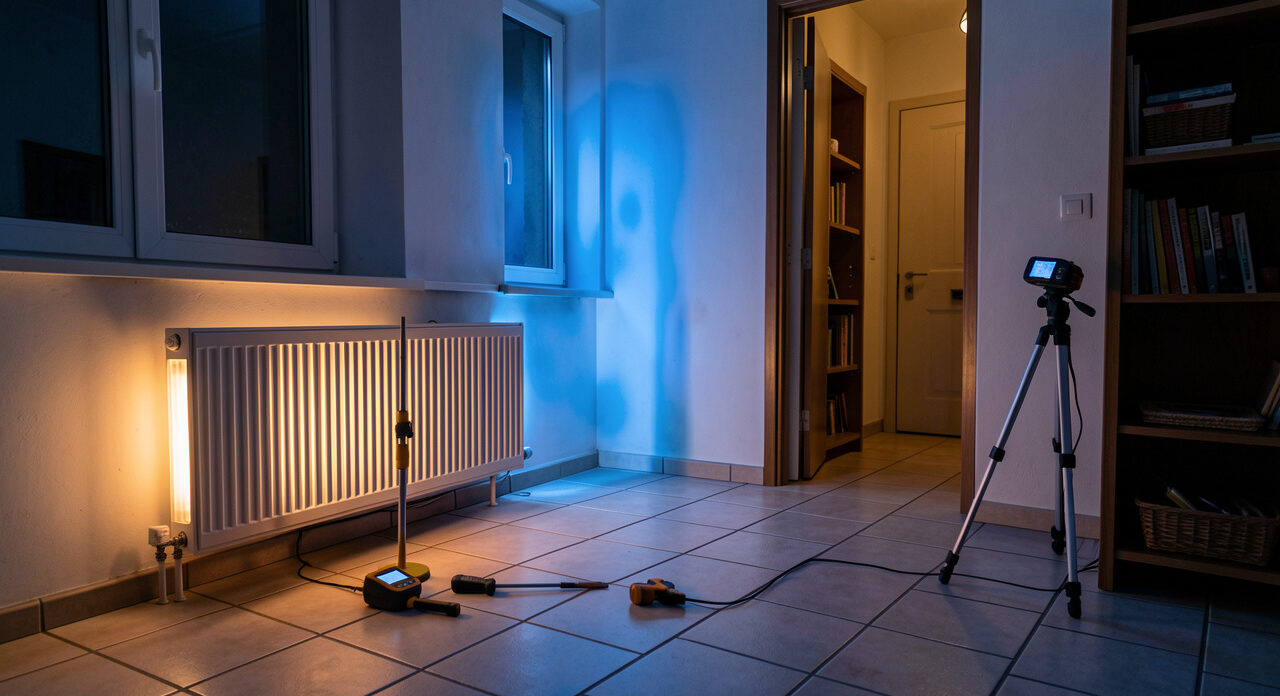 Sol carrelé froid dans une maison chauffée, avec des zones de déperdition thermique visibles près d'une fenêtre et d'une porte.