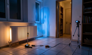Sol carrelé froid dans une maison chauffée, avec des zones de déperdition thermique visibles près d'une fenêtre et d'une porte.