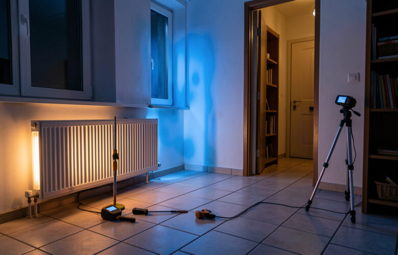 Sol carrelé froid dans une maison chauffée, avec des zones de déperdition thermique visibles près d'une fenêtre et d'une porte.