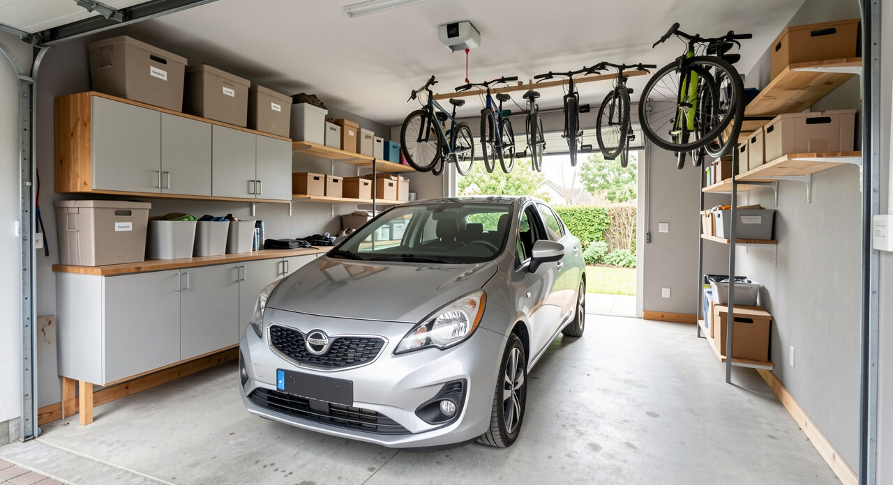 Garage résidentiel bien aménagé avec une voiture au centre, des rangements muraux, des étagères, des bacs et un espace de circulation dégagé.