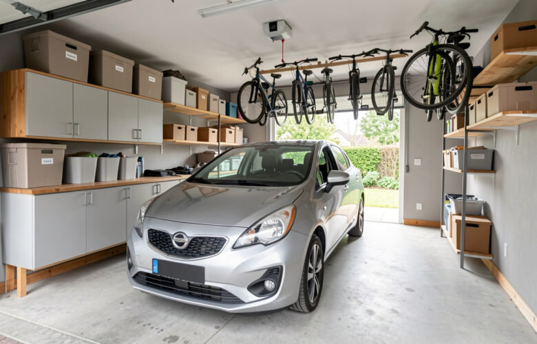 Garage résidentiel bien aménagé avec une voiture au centre, des rangements muraux, des étagères, des bacs et un espace de circulation dégagé.