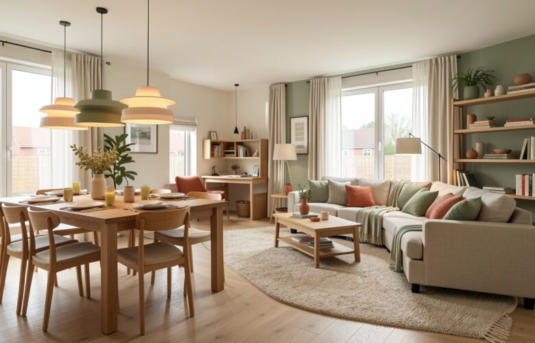 Grande pièce de vie ouverte avec espace repas, coin devoirs et salon confortable dans une ambiance lumineuse et chaleureuse.