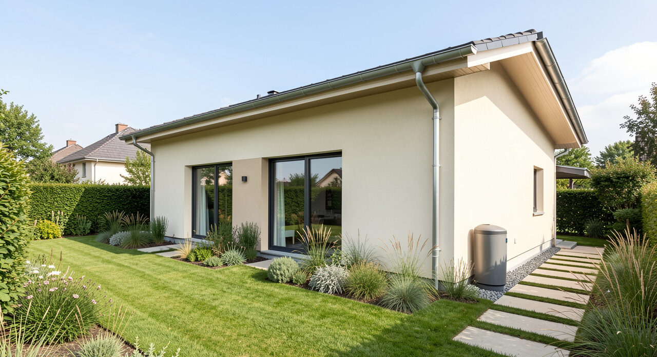 Maison individuelle contemporaine avec gouttières, cuve de récupération d’eau de pluie et jardin verdoyant, dans une lumière naturelle lumineuse.