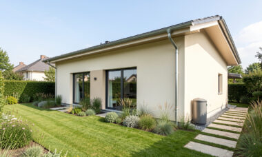 Maison individuelle contemporaine avec gouttières, cuve de récupération d’eau de pluie et jardin verdoyant, dans une lumière naturelle lumineuse.