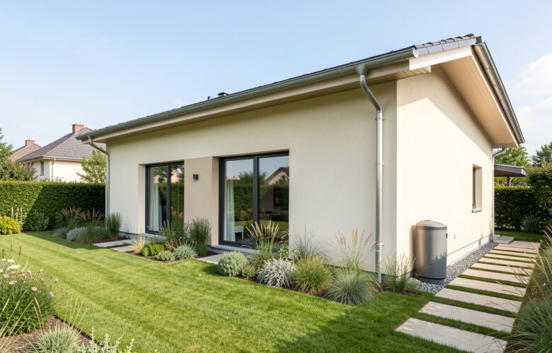 Maison individuelle contemporaine avec gouttières, cuve de récupération d’eau de pluie et jardin verdoyant, dans une lumière naturelle lumineuse.