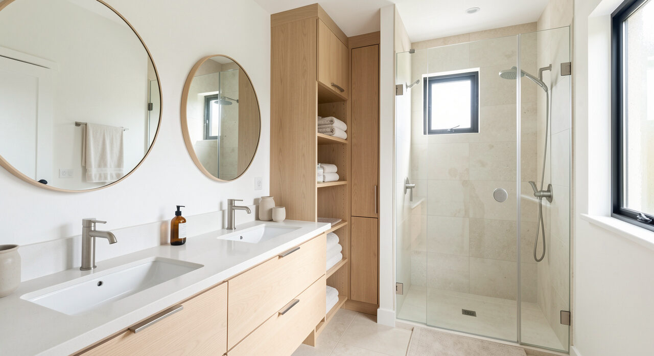 Salle de bain familiale lumineuse avec double vasque, rangements intégrés, douche vitrée et accessoires sobres.
