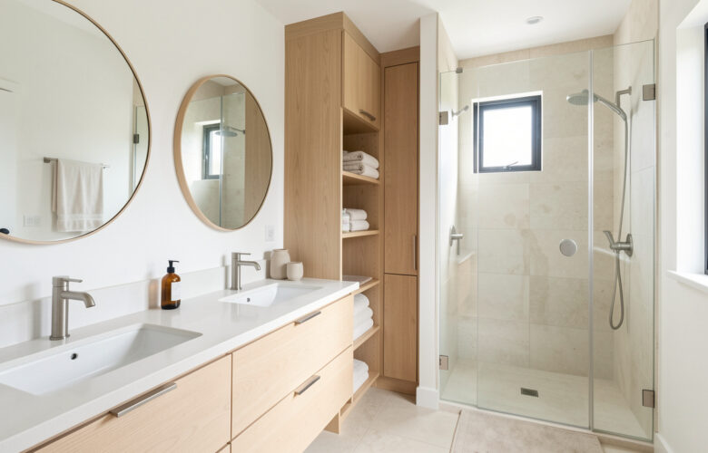 Salle de bain familiale lumineuse avec double vasque, rangements intégrés, douche vitrée et accessoires sobres.