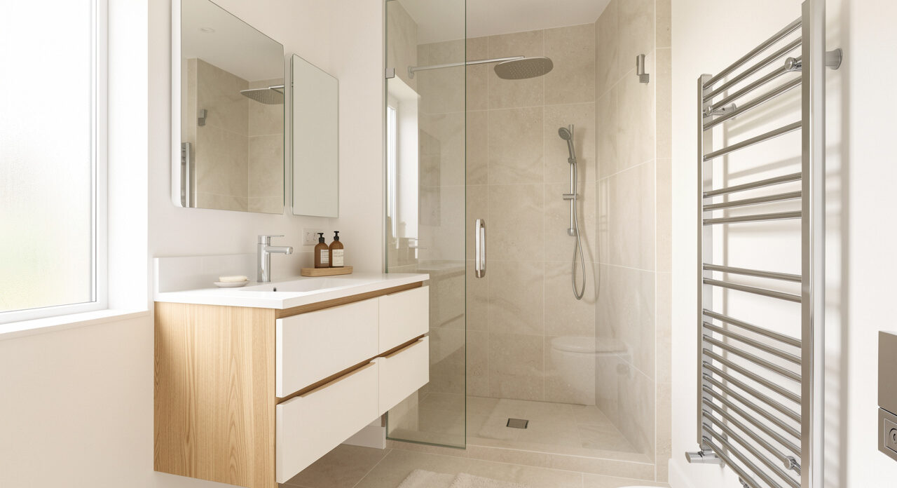 Salle de bain moderne et lumineuse avec meuble vasque, douche vitrée, rangements intégrés et sèche-serviettes contemporain.