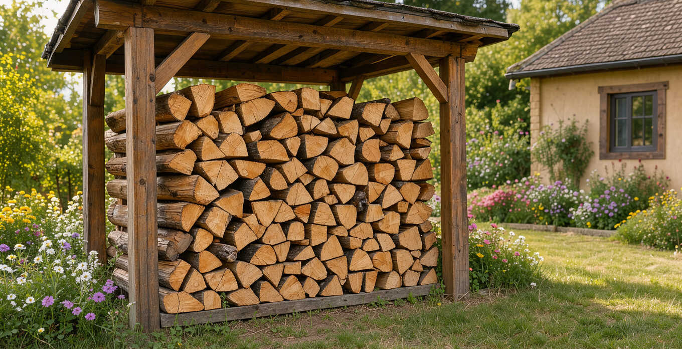 Abri à bûches en bois rempli de bûches soigneusement rangées, installé près d’une maison dans un jardin lumineux.