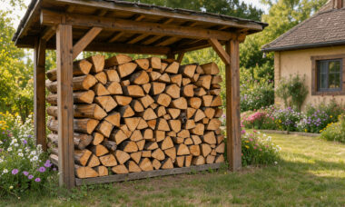 Abri à bûches en bois rempli de bûches soigneusement rangées, installé près d’une maison dans un jardin lumineux.