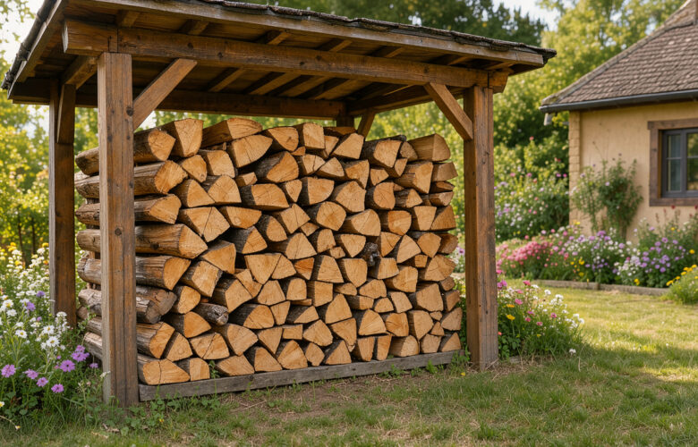 Abri à bûches en bois rempli de bûches soigneusement rangées, installé près d’une maison dans un jardin lumineux.