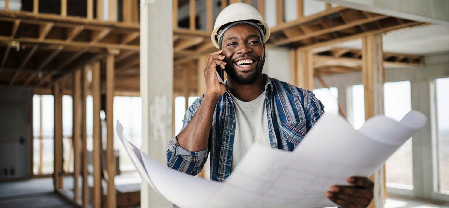 Un propriétaire échange avec un artisan autour des plans d’une rénovation intérieure.