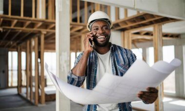 Un propriétaire échange avec un artisan autour des plans d’une rénovation intérieure.