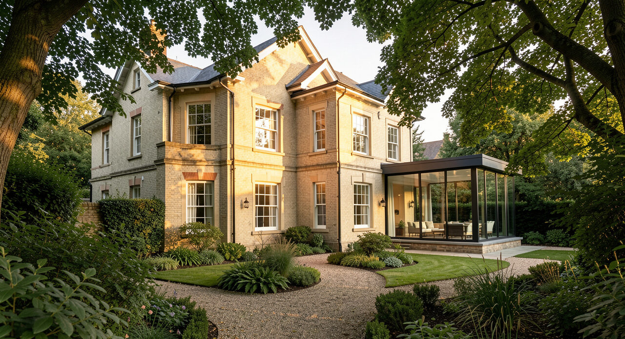 Maison d’architecte ancienne rénovée, avec une façade en brique claire, une extension contemporaine vitrée et un jardin arboré baigné par la lumière douce de fin d’après-midi.