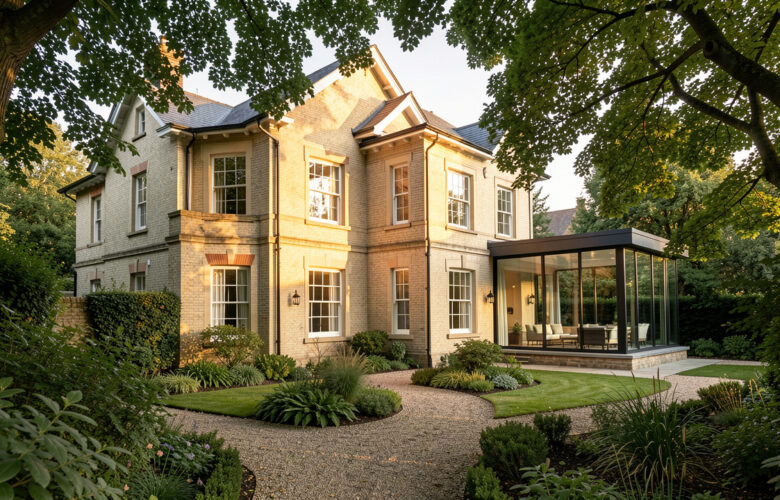 Maison d’architecte ancienne rénovée, avec une façade en brique claire, une extension contemporaine vitrée et un jardin arboré baigné par la lumière douce de fin d’après-midi.