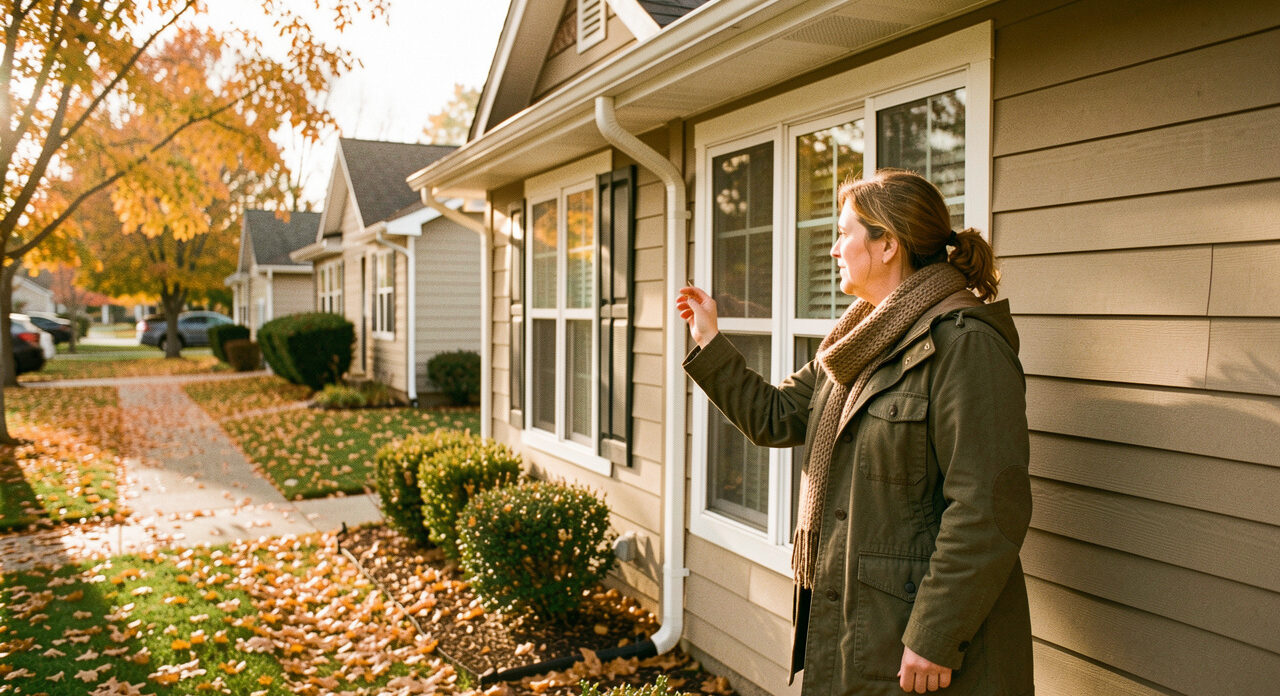 Une propriétaire inspecte les fenêtres et les gouttières d’une maison chaleureuse entourée de feuilles dorées en automne.