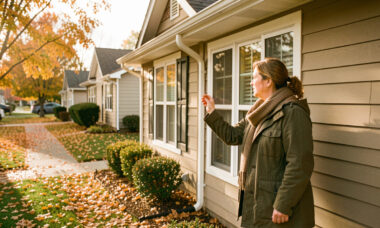 Une propriétaire inspecte les fenêtres et les gouttières d’une maison chaleureuse entourée de feuilles dorées en automne.
