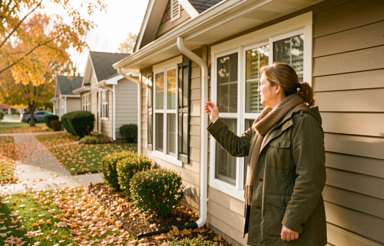 Une propriétaire inspecte les fenêtres et les gouttières d’une maison chaleureuse entourée de feuilles dorées en automne.