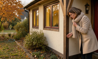 Maison chaleureuse en automne entourée d’un jardin feuillu, avec une propriétaire inspectant discrètement les abords de la façade.