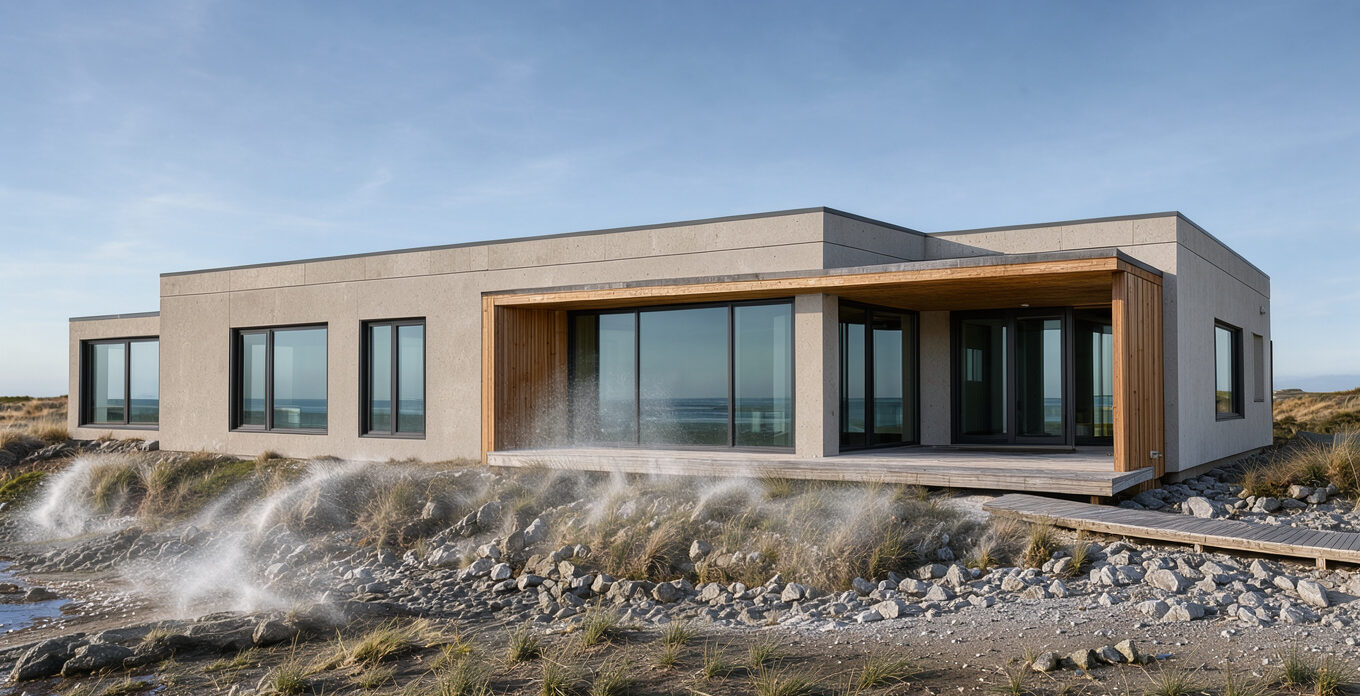 Maison contemporaine en bord de mer avec façade claire en fibres-ciment, éléments en bois naturel, grandes baies vitrées et toiture plate sous un ciel lumineux.