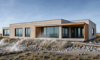 Maison contemporaine en bord de mer avec façade claire en fibres-ciment, éléments en bois naturel, grandes baies vitrées et toiture plate sous un ciel lumineux.