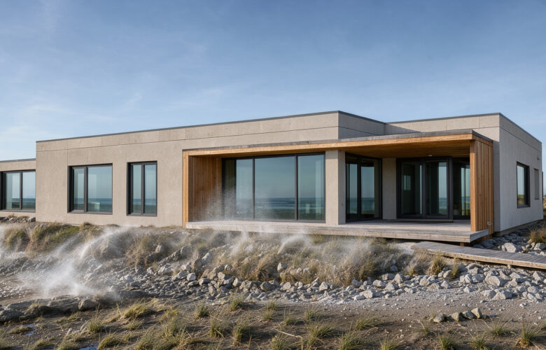 Maison contemporaine en bord de mer avec façade claire en fibres-ciment, éléments en bois naturel, grandes baies vitrées et toiture plate sous un ciel lumineux.