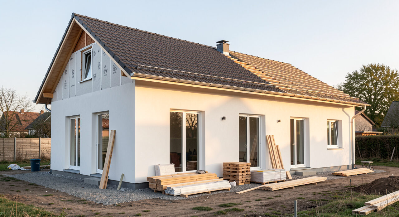 Maison contemporaine en rénovation avec façade isolée, toiture et fenêtres en travaux, éclairée par la lumière naturelle.