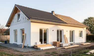 Maison contemporaine en rénovation avec façade isolée, toiture et fenêtres en travaux, éclairée par la lumière naturelle.
