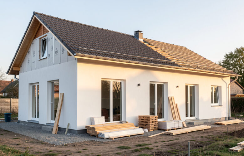 Maison contemporaine en rénovation avec façade isolée, toiture et fenêtres en travaux, éclairée par la lumière naturelle.