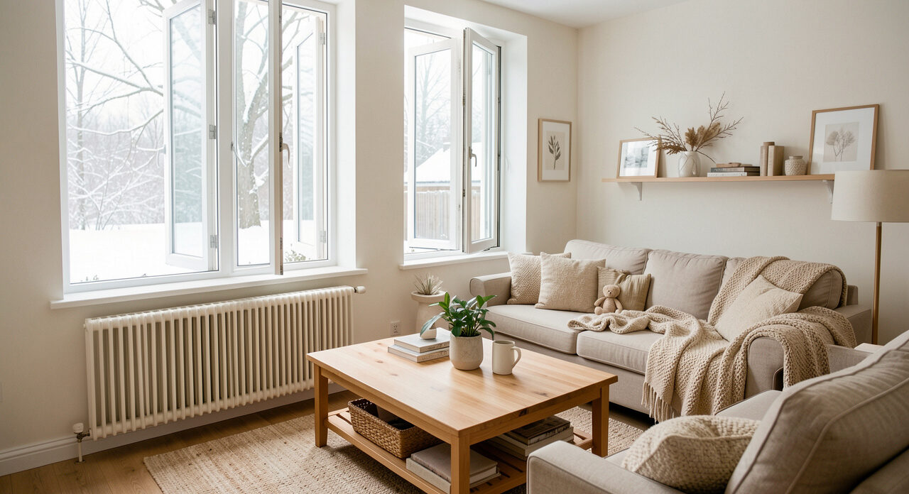 Salon familial lumineux en hiver, avec de grandes fenêtres entrouvertes, des radiateurs réglés au minimum et une ambiance chaleureuse.