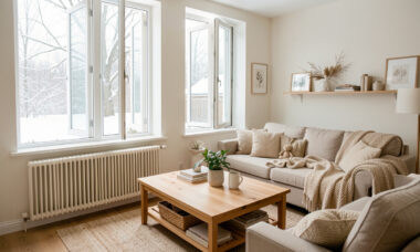 Salon familial lumineux en hiver, avec de grandes fenêtres entrouvertes, des radiateurs réglés au minimum et une ambiance chaleureuse.