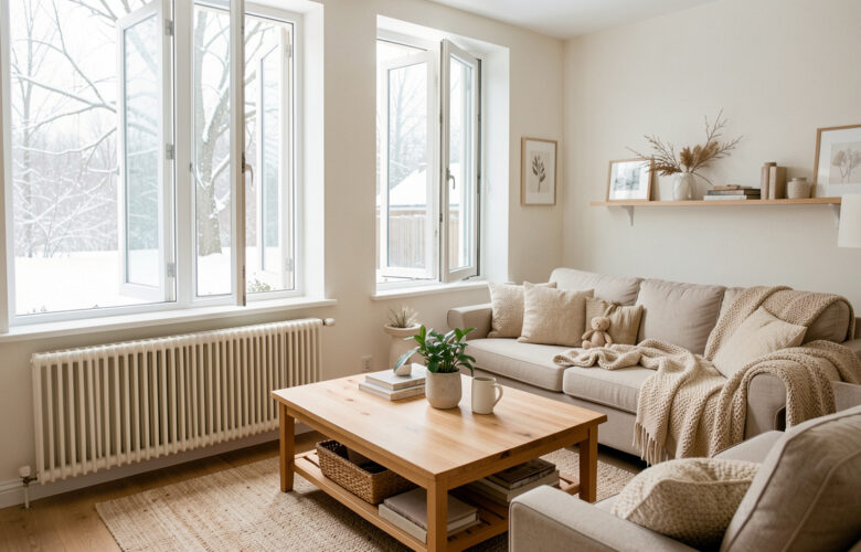 Salon familial lumineux en hiver, avec de grandes fenêtres entrouvertes, des radiateurs réglés au minimum et une ambiance chaleureuse.