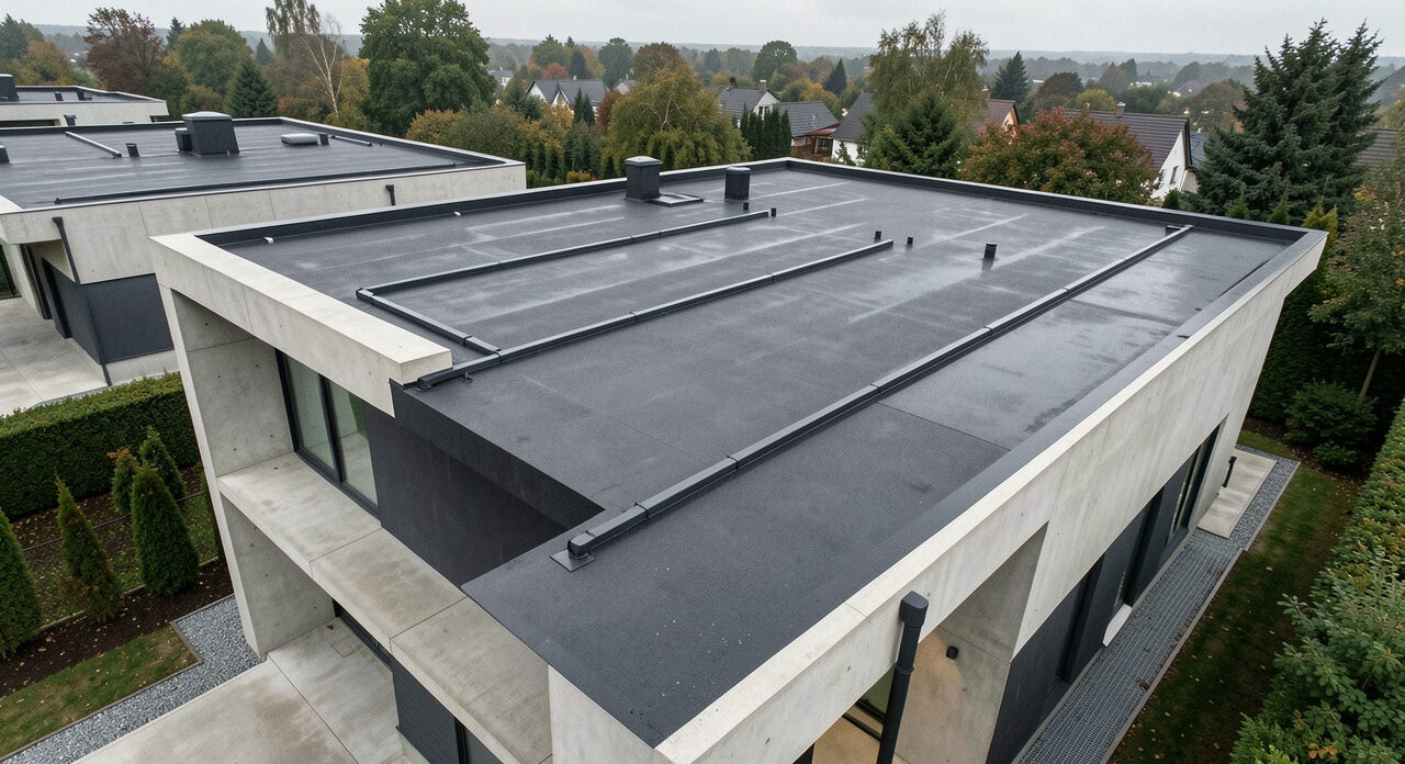 Vue aérienne d’une maison moderne à toit plat, avec une évacuation d’eau propre et des surfaces soigneusement entretenues.