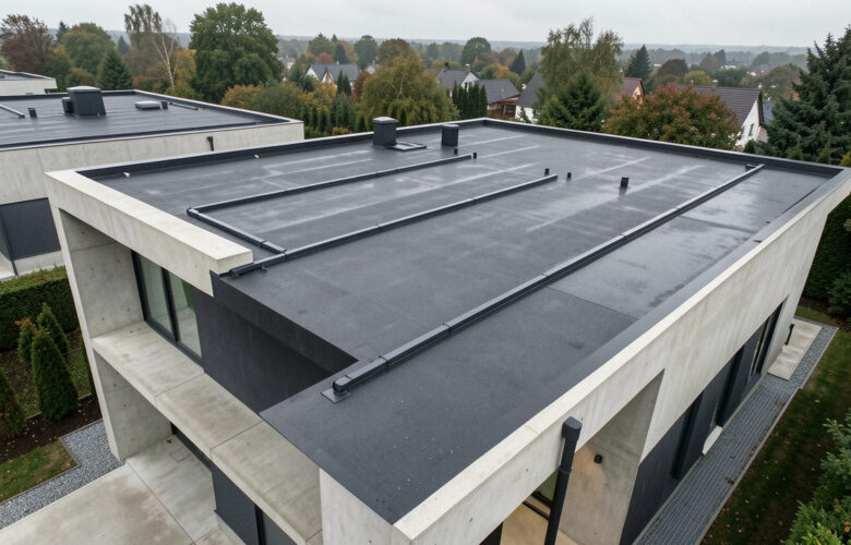 Vue aérienne d’une maison moderne à toit plat, avec une évacuation d’eau propre et des surfaces soigneusement entretenues.